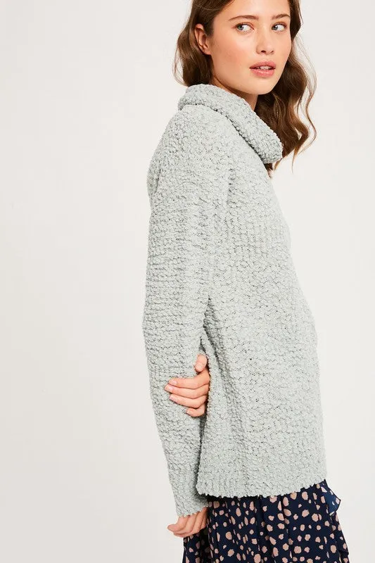 Hailey Popcorn Pullover Turtleneck in Light Sage