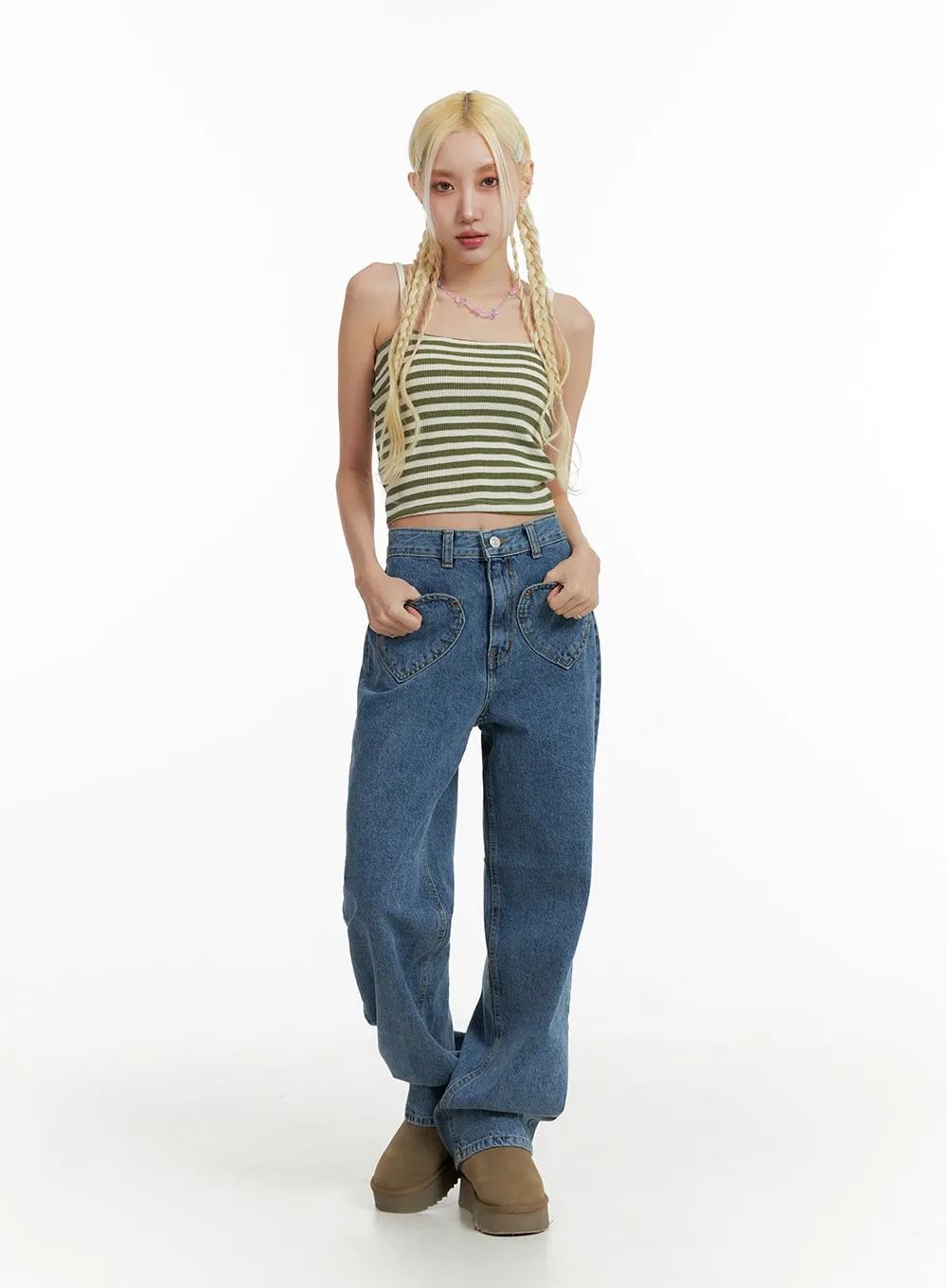 Heart Pocket Baggy Jeans IF408