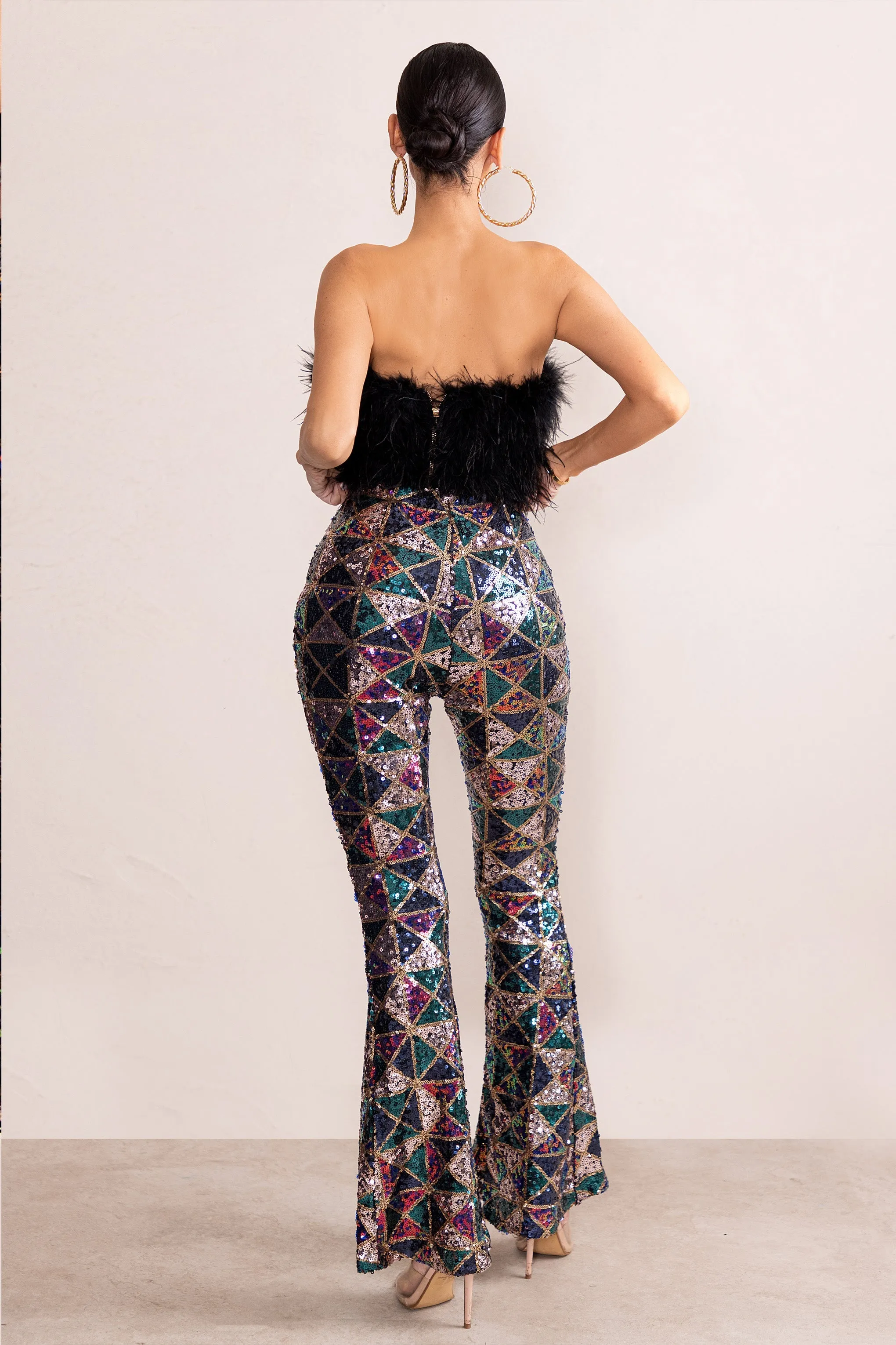 Heaven Sent | Black Aztec Sequin Fit And Flare Trousers