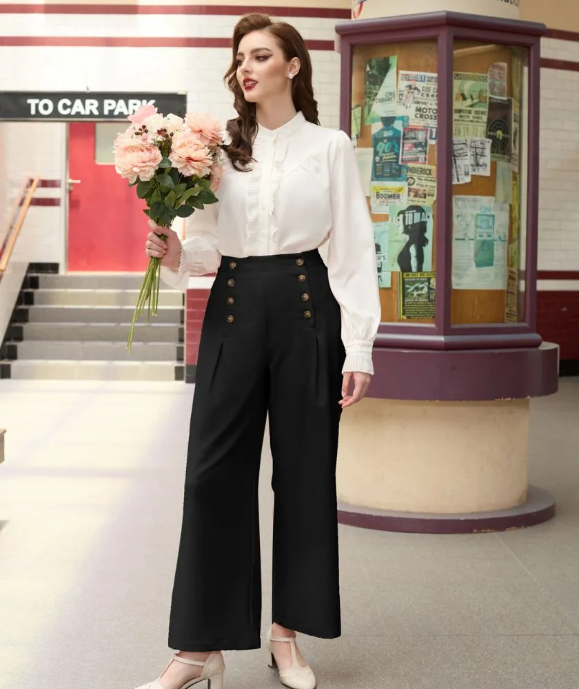 High Waisted Wide Leg Pants Button Decorated Casual Stretchy Trousers with Pockets