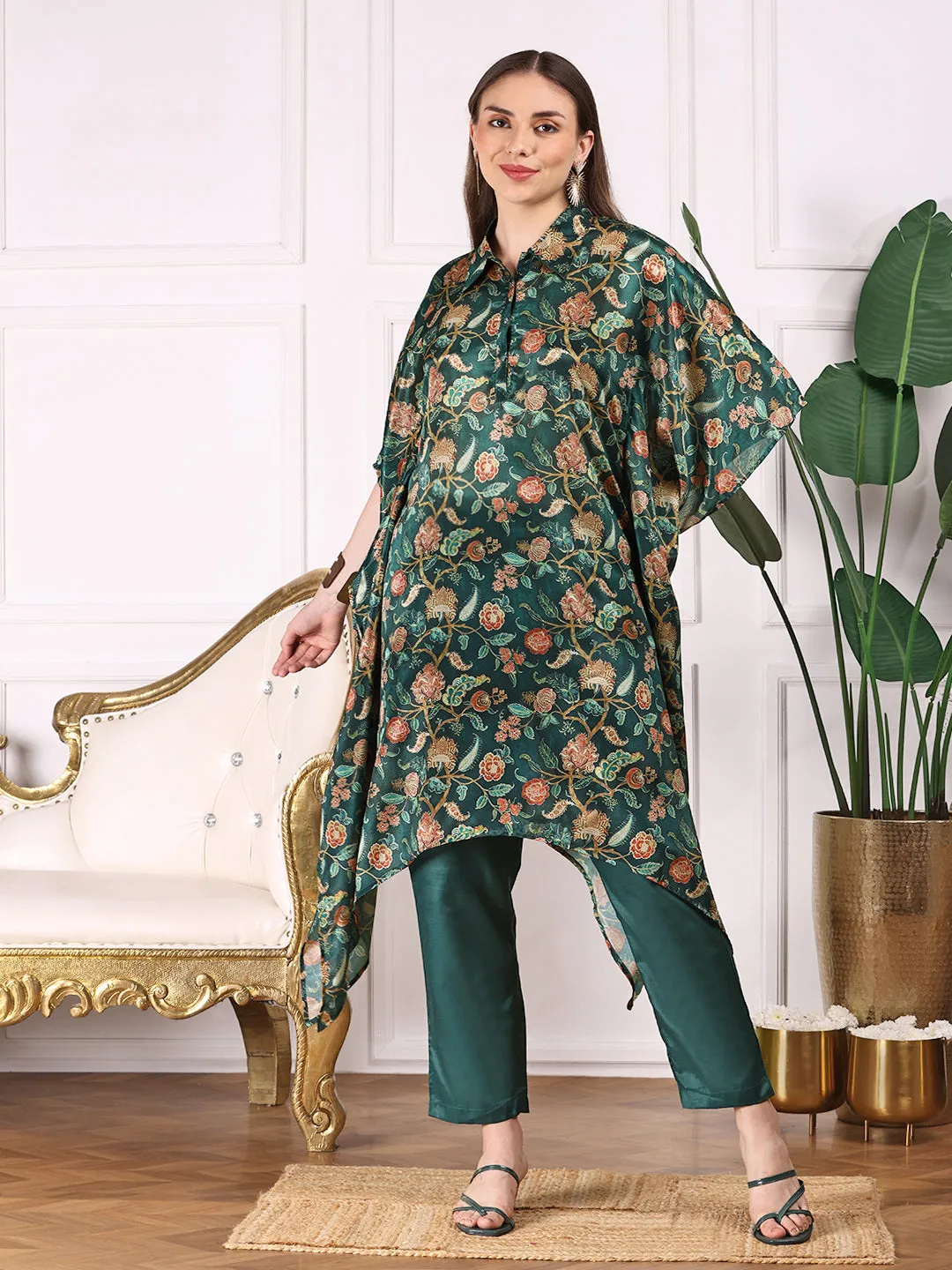 Ishin Women Green Floral Printed Asymmetric Kimono Sleeve Kaftan Kurta with Trousers