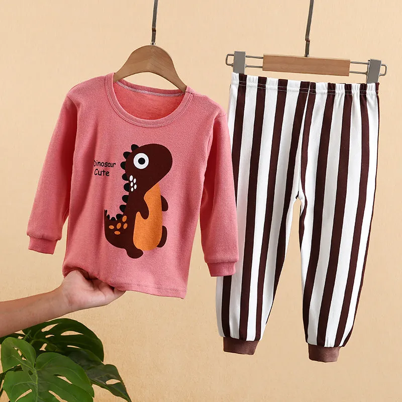 Kids Solid Color Cartoon Print Round Neck Long Sleeve Tops Trousers Set Loungewear