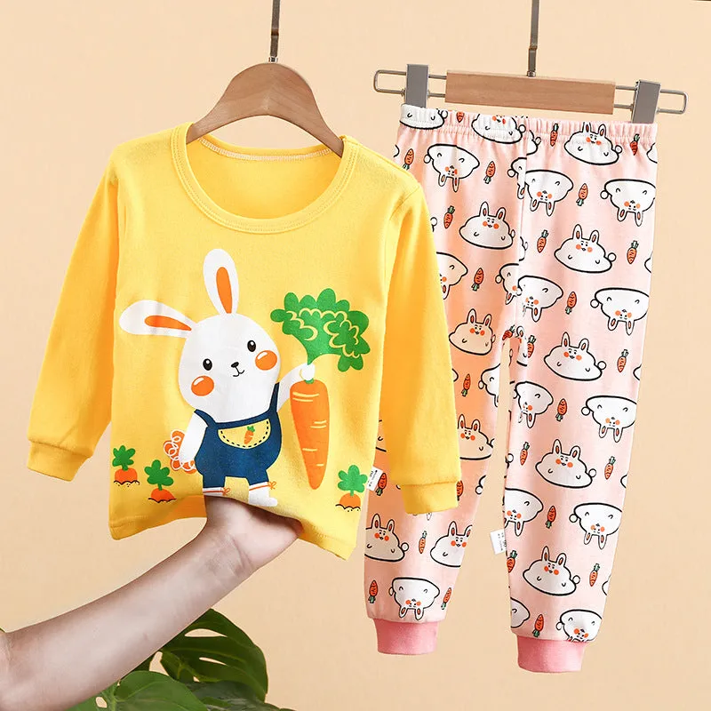 Kids Solid Color Cartoon Print Round Neck Long Sleeve Tops Trousers Set Loungewear