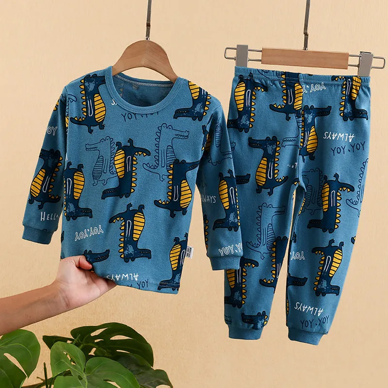 Kids Solid Color Cartoon Print Round Neck Long Sleeve Tops Trousers Set Loungewear