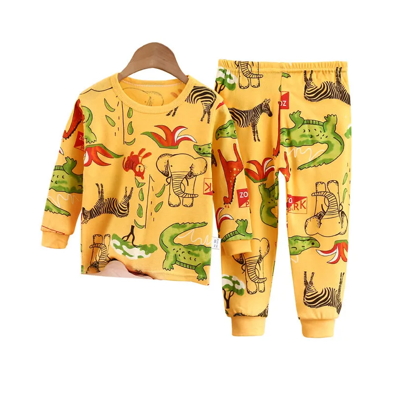 Kids Solid Color Cartoon Print Round Neck Long Sleeve Tops Trousers Set Loungewear