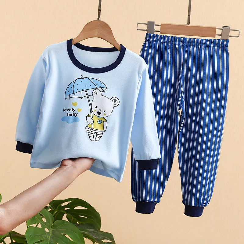 Kids Solid Color Cartoon Print Round Neck Long Sleeve Tops Trousers Set Loungewear