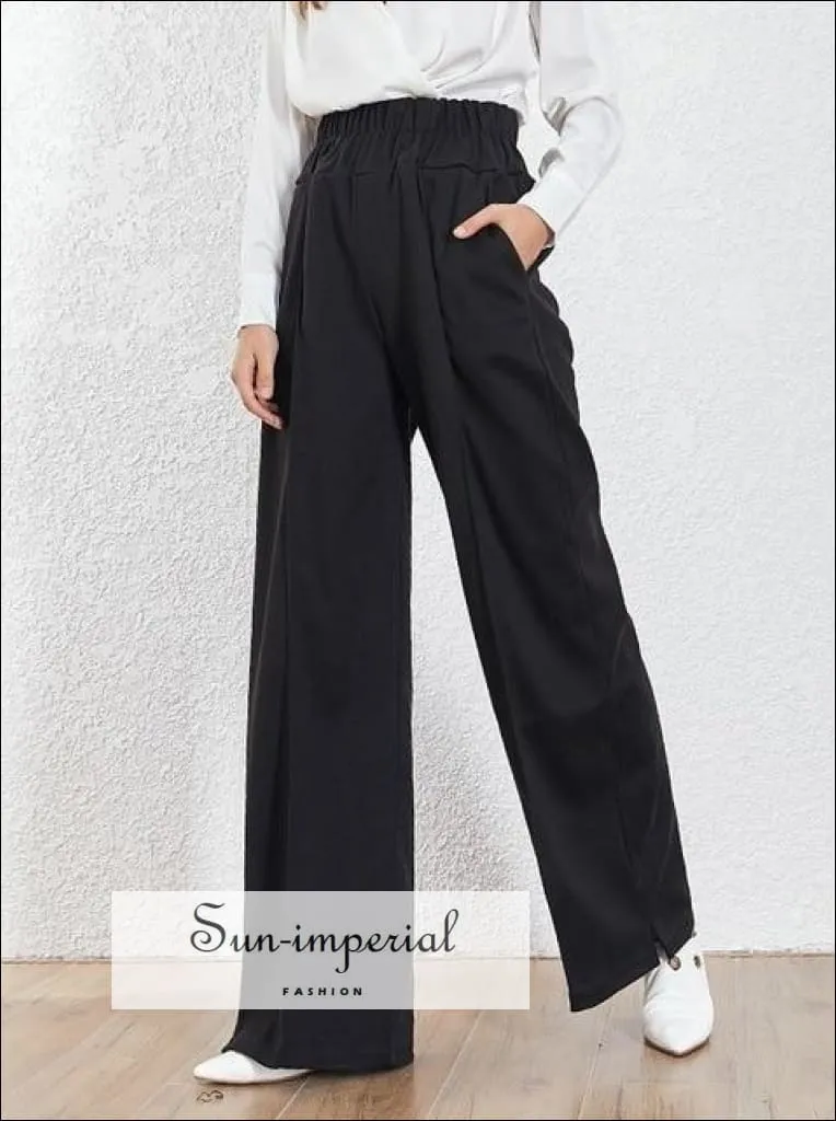 High Waist Loose Fit Grey Wide Leg Trousers for Women with Long Elastic Waistband