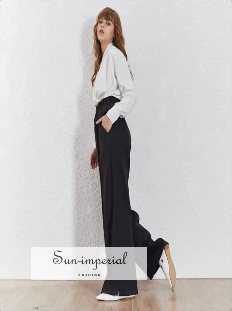 High Waist Loose Fit Grey Wide Leg Trousers for Women with Long Elastic Waistband