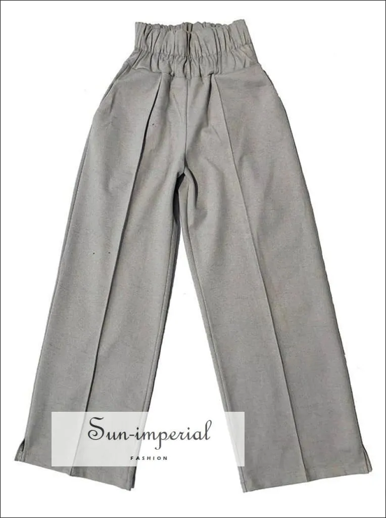 High Waist Loose Fit Grey Wide Leg Trousers for Women with Long Elastic Waistband