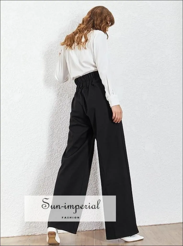 High Waist Loose Fit Grey Wide Leg Trousers for Women with Long Elastic Waistband