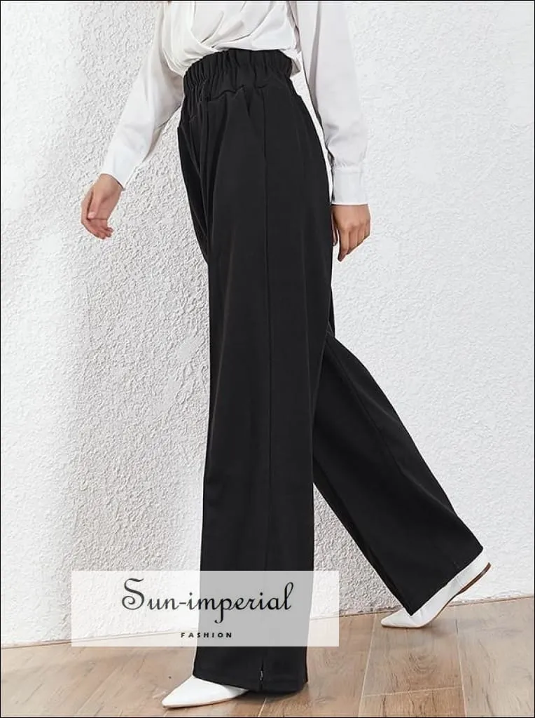 High Waist Loose Fit Grey Wide Leg Trousers for Women with Long Elastic Waistband