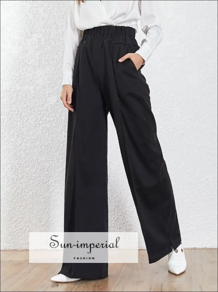 High Waist Loose Fit Grey Wide Leg Trousers for Women with Long Elastic Waistband