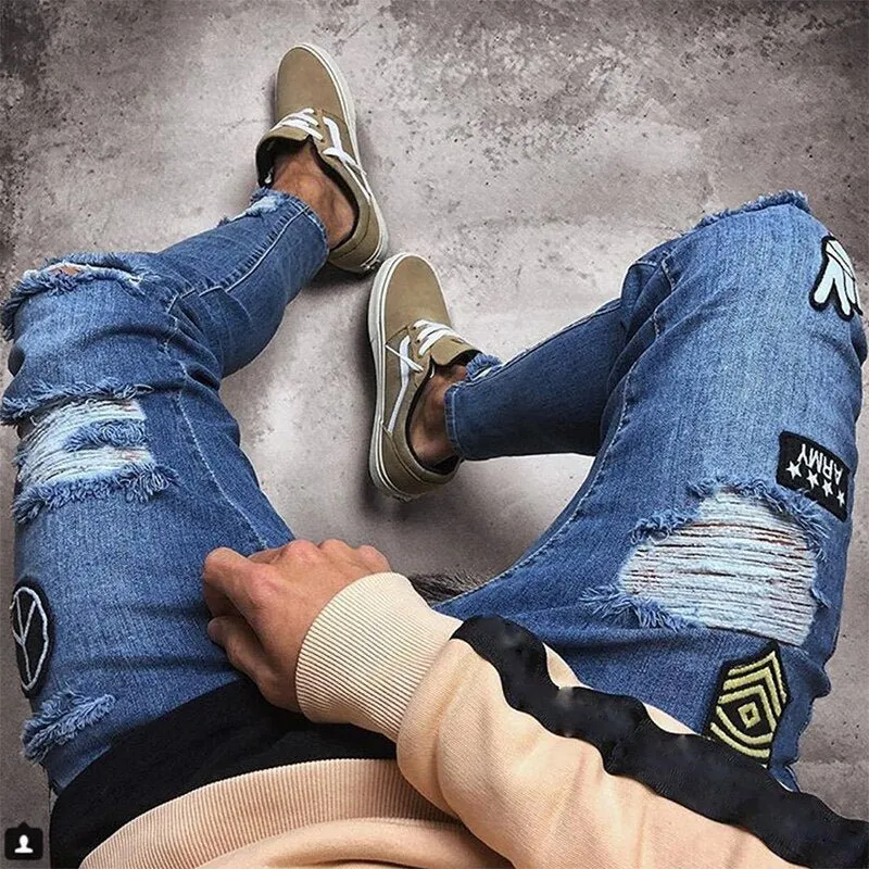 Men's Ripped jeans Badge Letters Hip-hop Skinny Jogging Denim  Fashion Pencil Long Trousers Distressed Jeans For Men Clothing