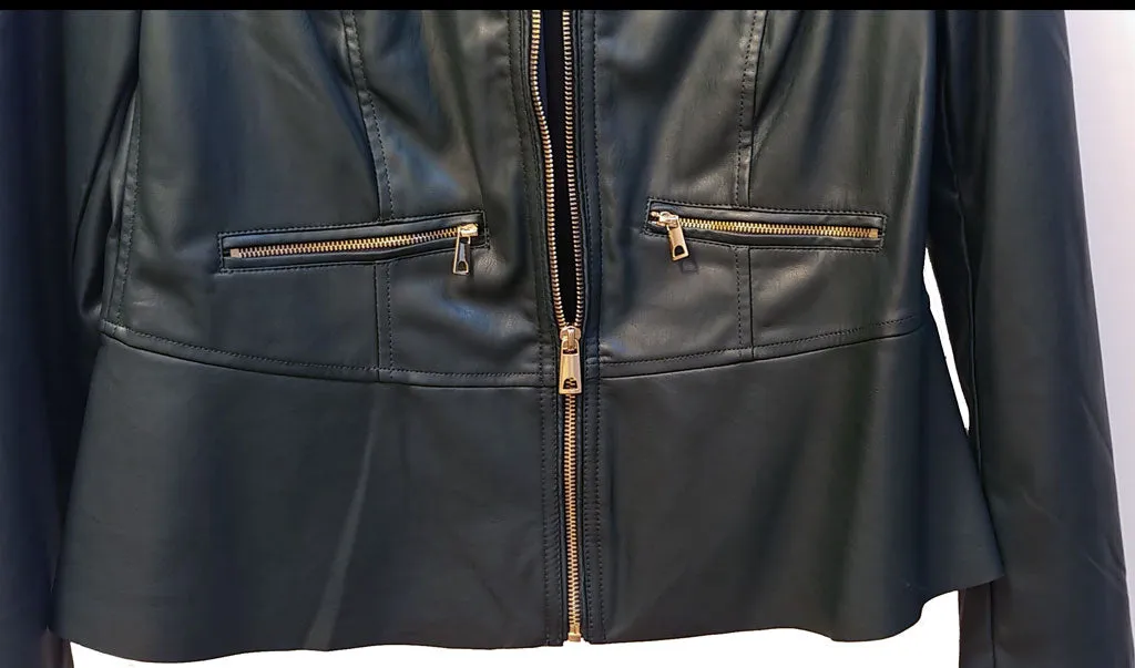 *NEW WITH TAG - CHICO'S CHIC FAUX LEATHER MOTO JACKET IN DARK FOREST GREEN ACCENTED WITH SPARKLING LARGE GOLD ZIPPERS - WOULD MAKE A WONDERFUL CHRISTMAS OR BIRTHDAY GIFT