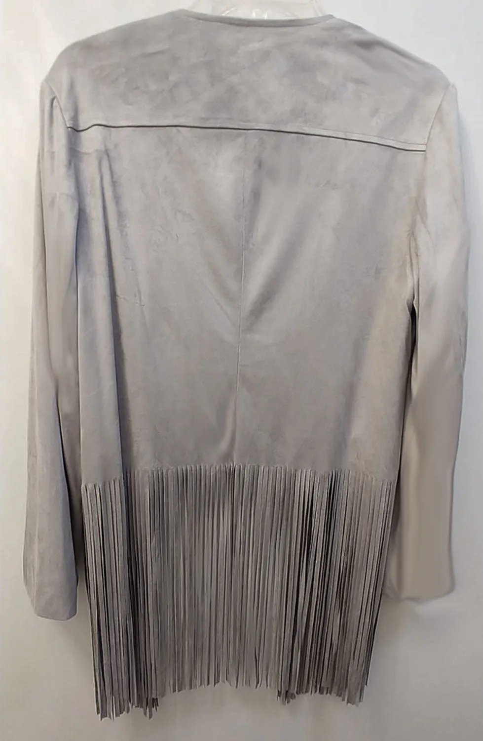 *NEW WITH TAG - CHICO'S FAUX SUEDE JACKET WITH FABULOUS 14" FRINGE IN A SILVERY DOVE GRAY - WOULD MAKE A WONDERFUL CHRISTMAS OR BIRTHDAY GIFT