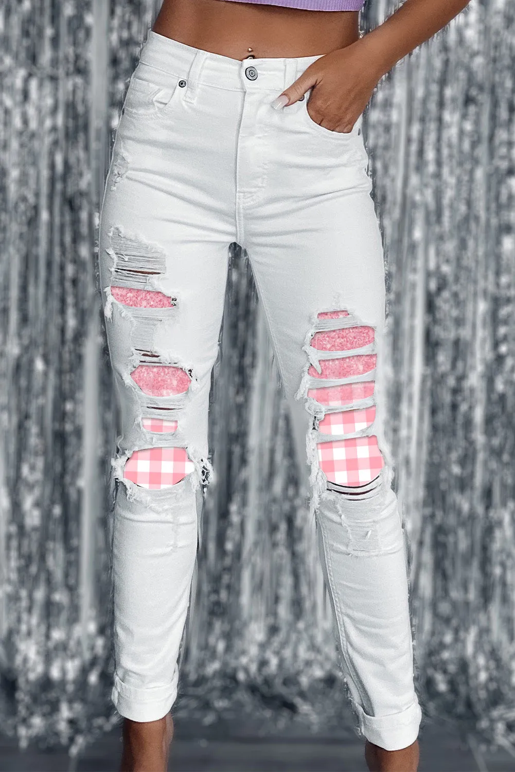 Pink Plaid Raw Hem Sheath Casual Ripped Jeans Distressed Diva Skinny Jeans