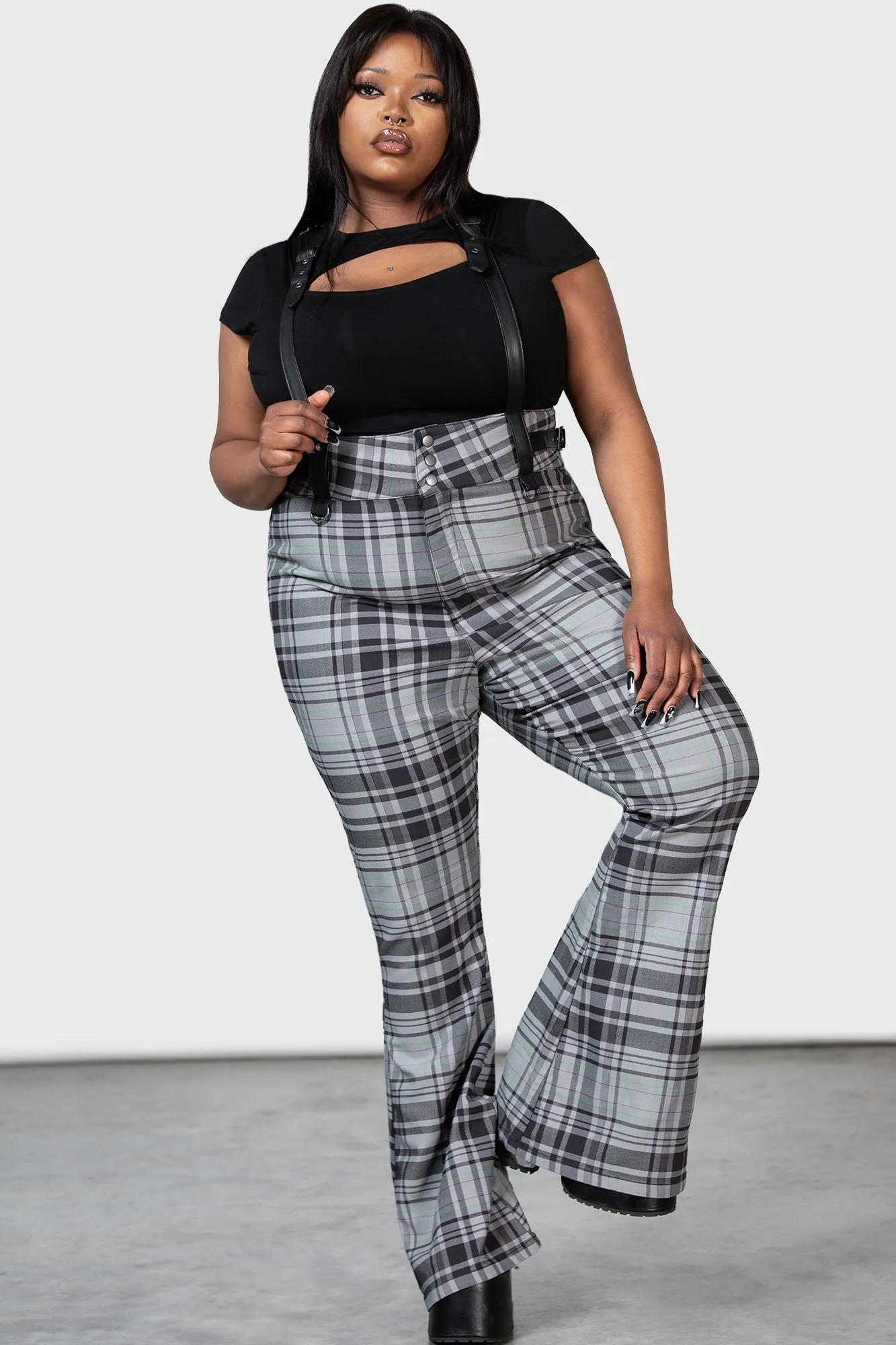 Plus Size Grey Tartan Prophet of Doom Suspender Trousers