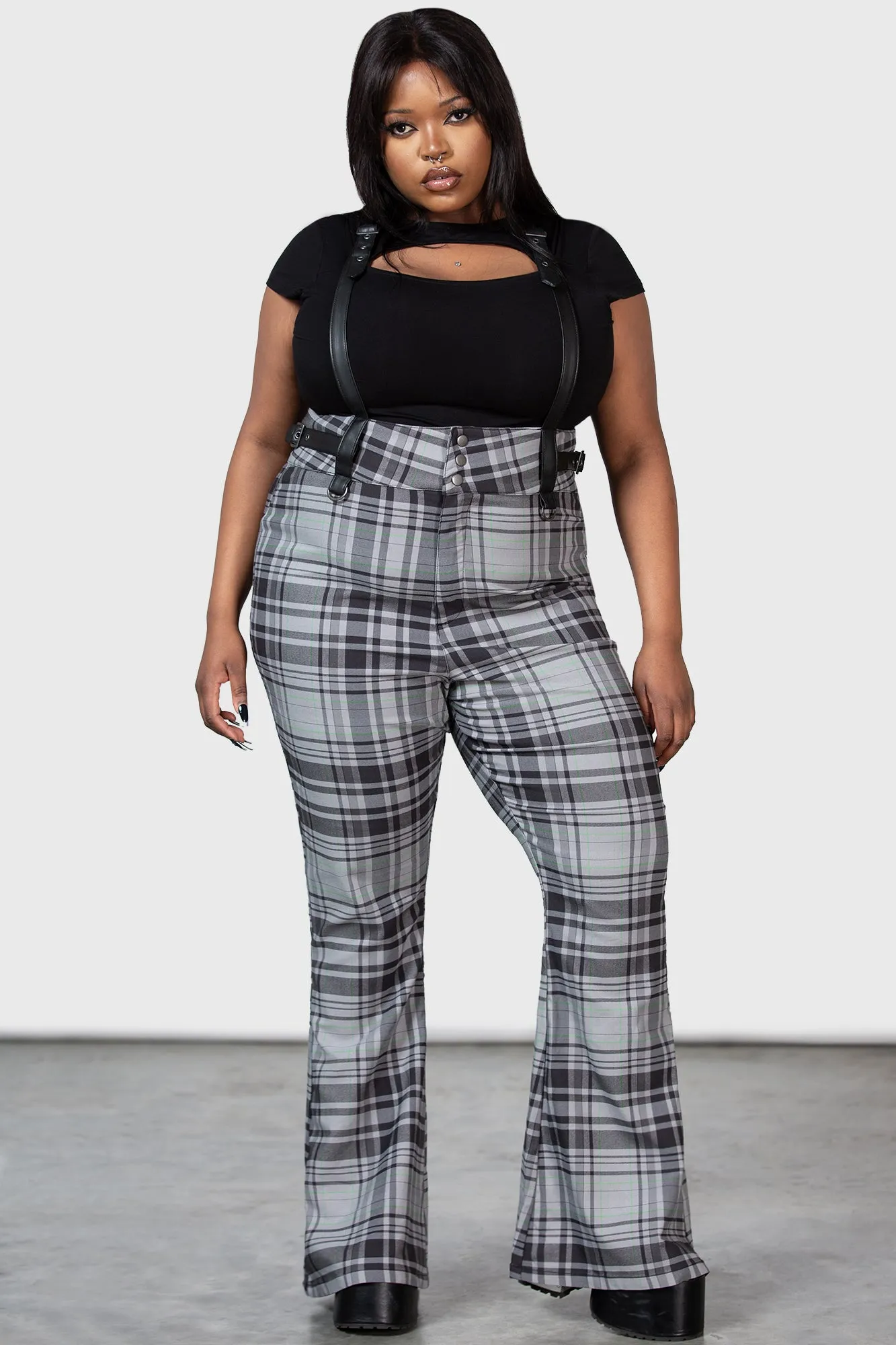 Plus Size Grey Tartan Prophet of Doom Suspender Trousers