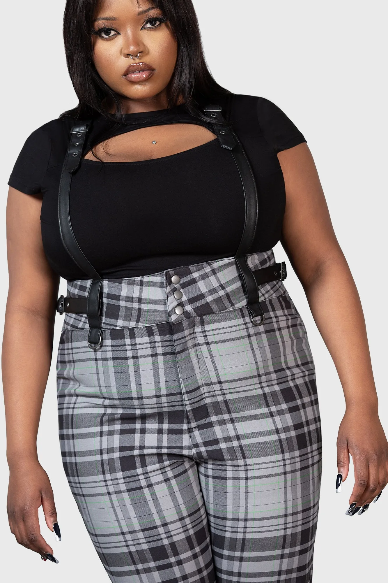 Plus Size Grey Tartan Prophet of Doom Suspender Trousers