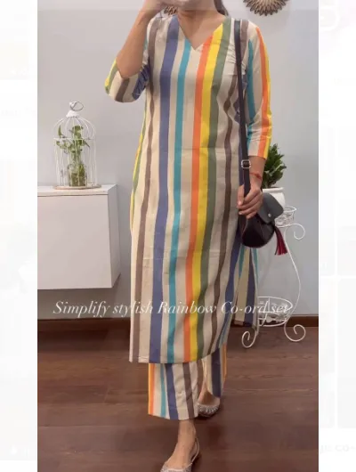 Rainbow Beige Cord Set Women Tunic Trousers Set