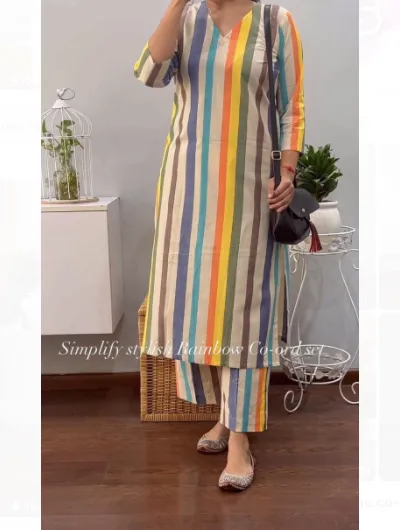 Rainbow Beige Cord Set Women Tunic Trousers Set