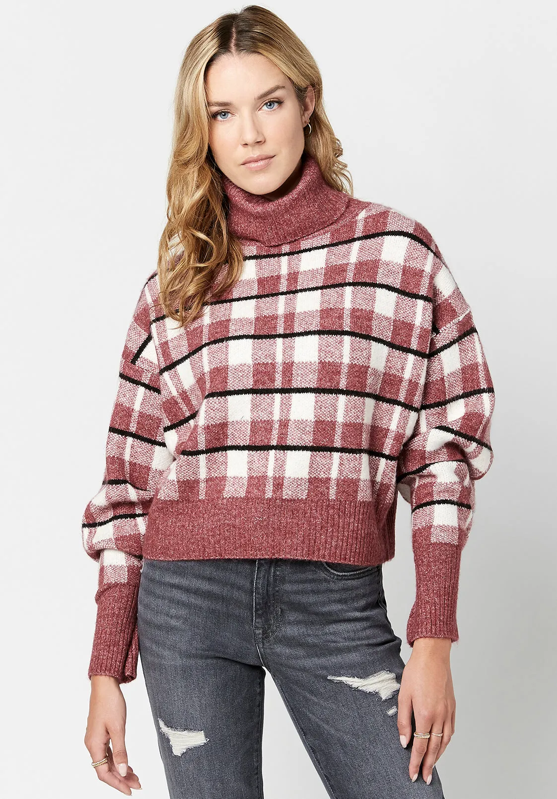 Remi Women's Turtleneck Sweater in Windowpane Plaid - SW0557F