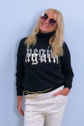 Rollkragen Pulli mit Druck, schwarz