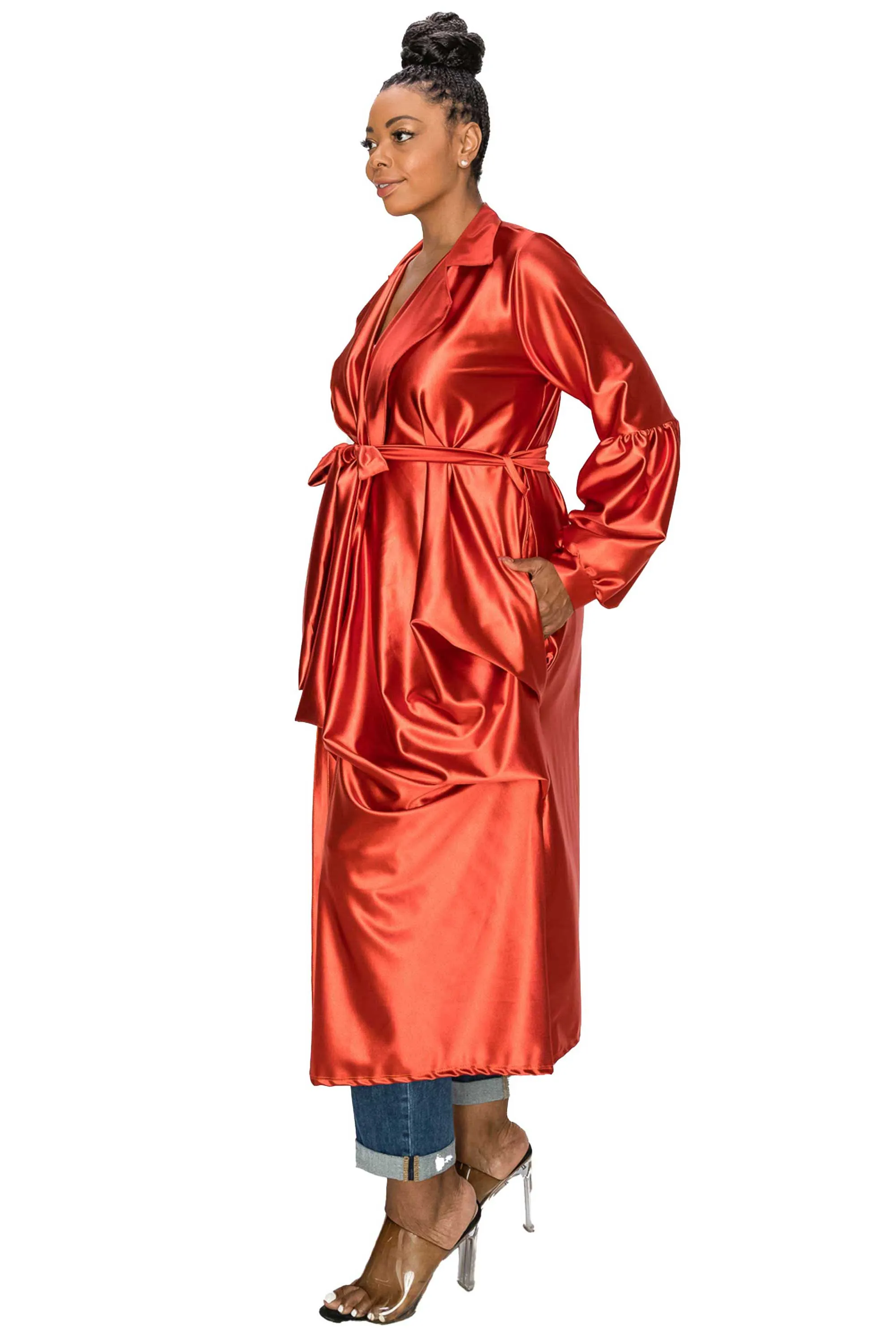 Elegant Soft Stretch Satin Belted Tie Coat with Adjustable Waist