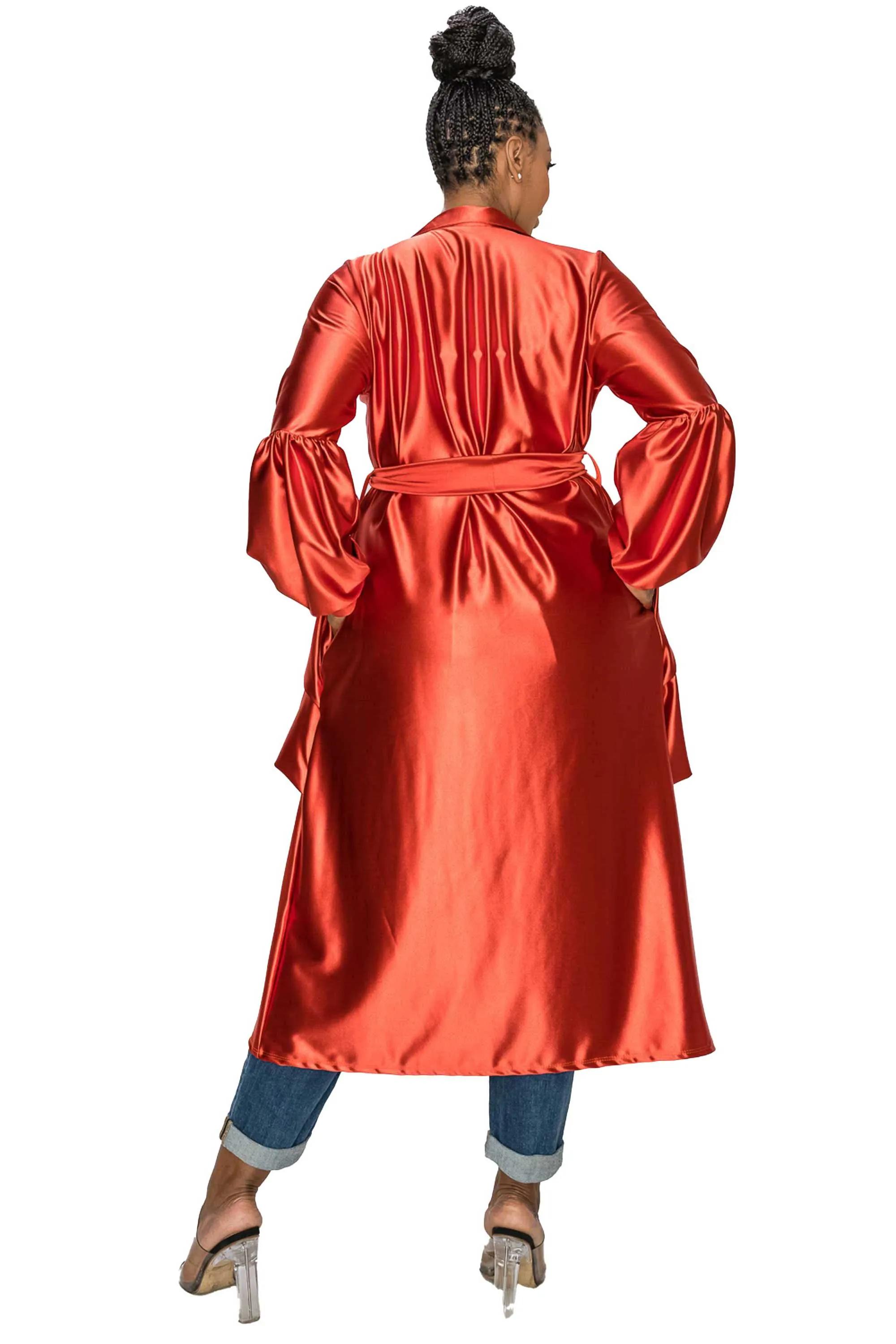 Elegant Soft Stretch Satin Belted Tie Coat with Adjustable Waist