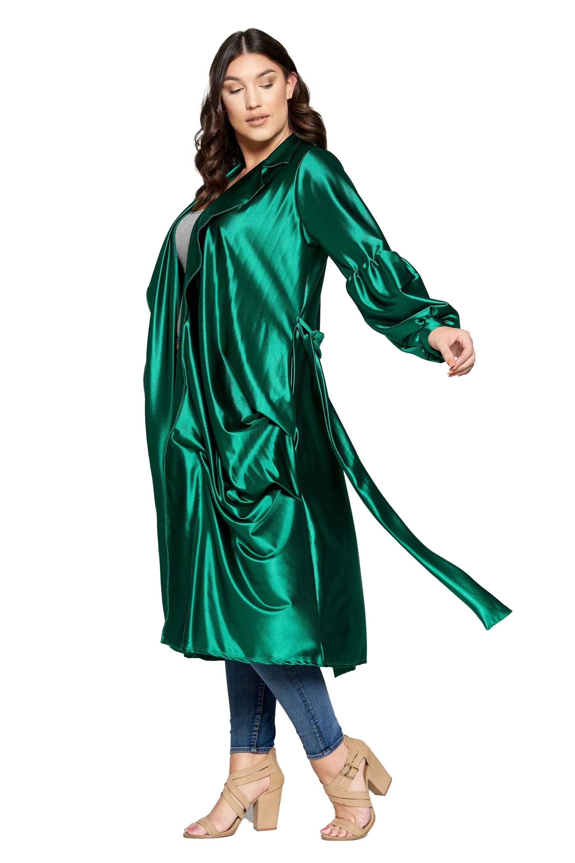 Elegant Soft Stretch Satin Belted Tie Coat with Adjustable Waist