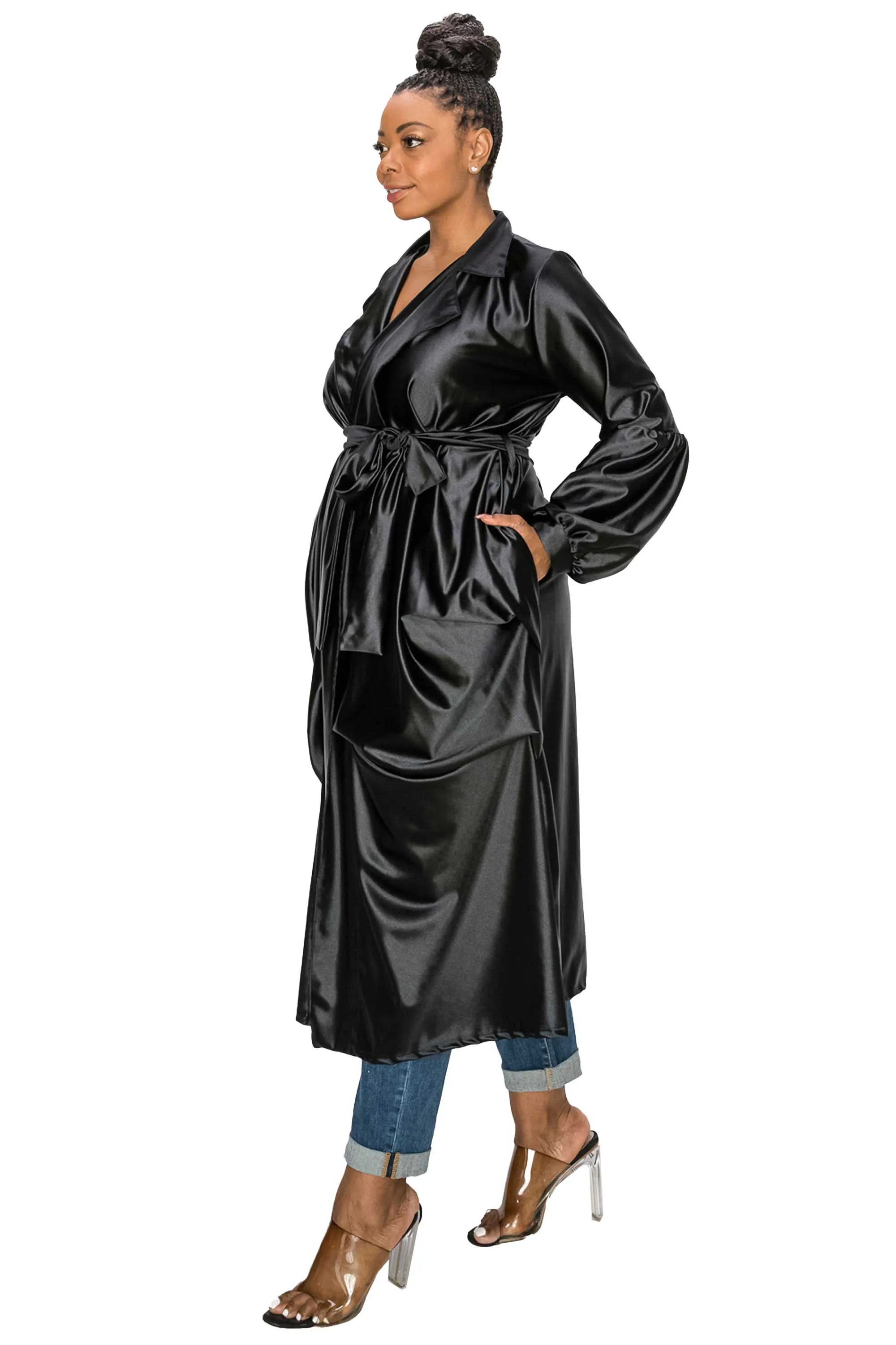 Elegant Soft Stretch Satin Belted Tie Coat with Adjustable Waist