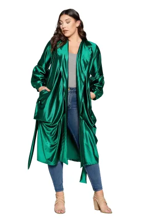 Elegant Soft Stretch Satin Belted Tie Coat with Adjustable Waist