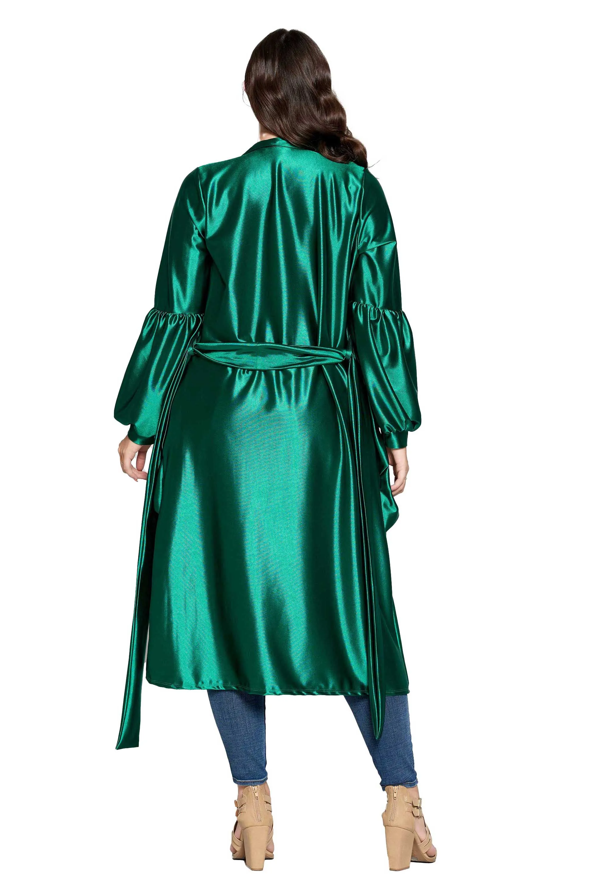 Elegant Soft Stretch Satin Belted Tie Coat with Adjustable Waist