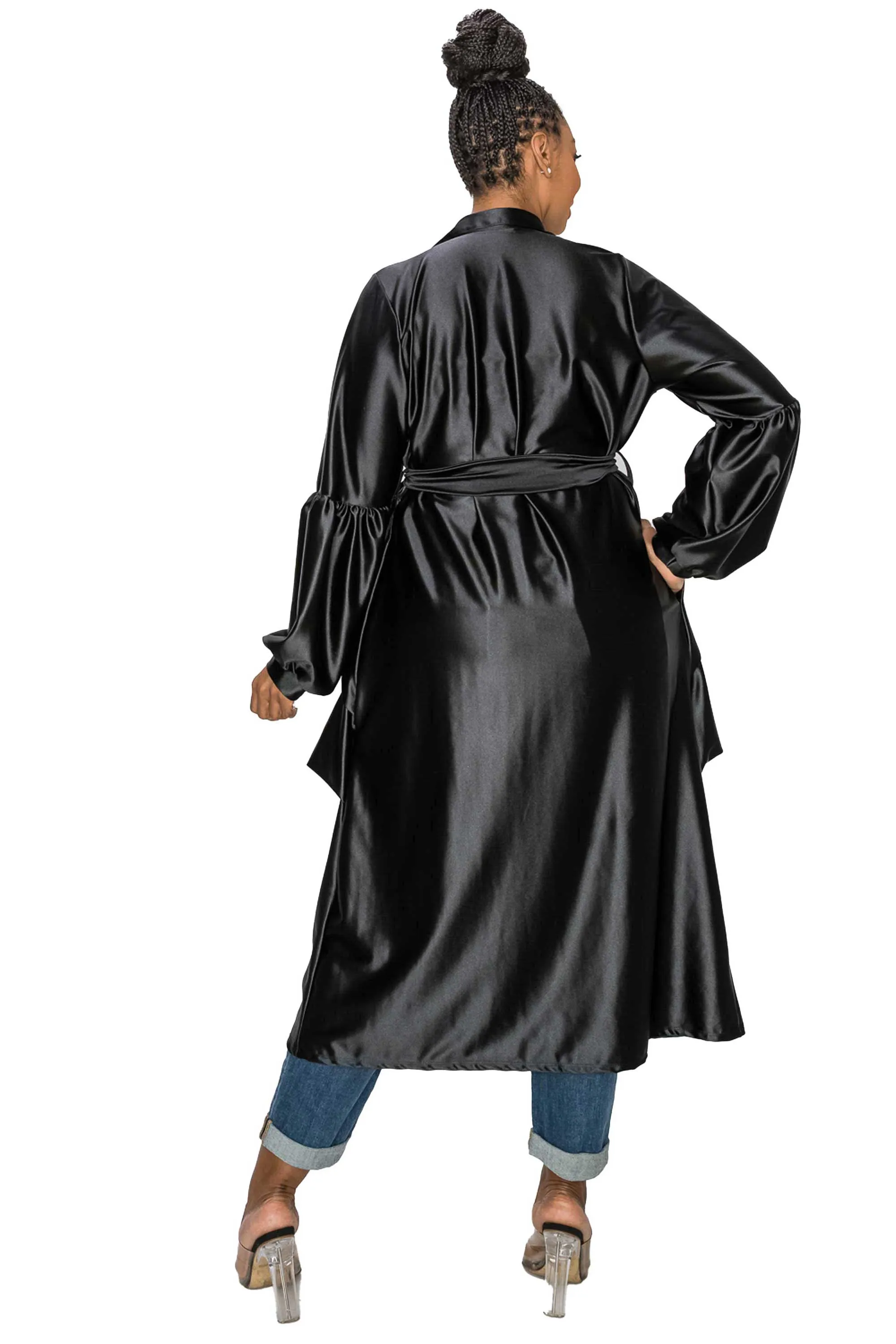 Elegant Soft Stretch Satin Belted Tie Coat with Adjustable Waist