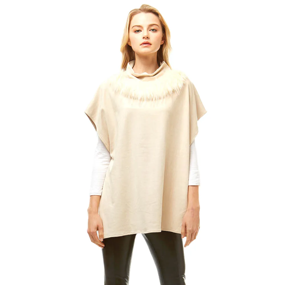 Suede Feel Turtleneck Faux Fur Poncho