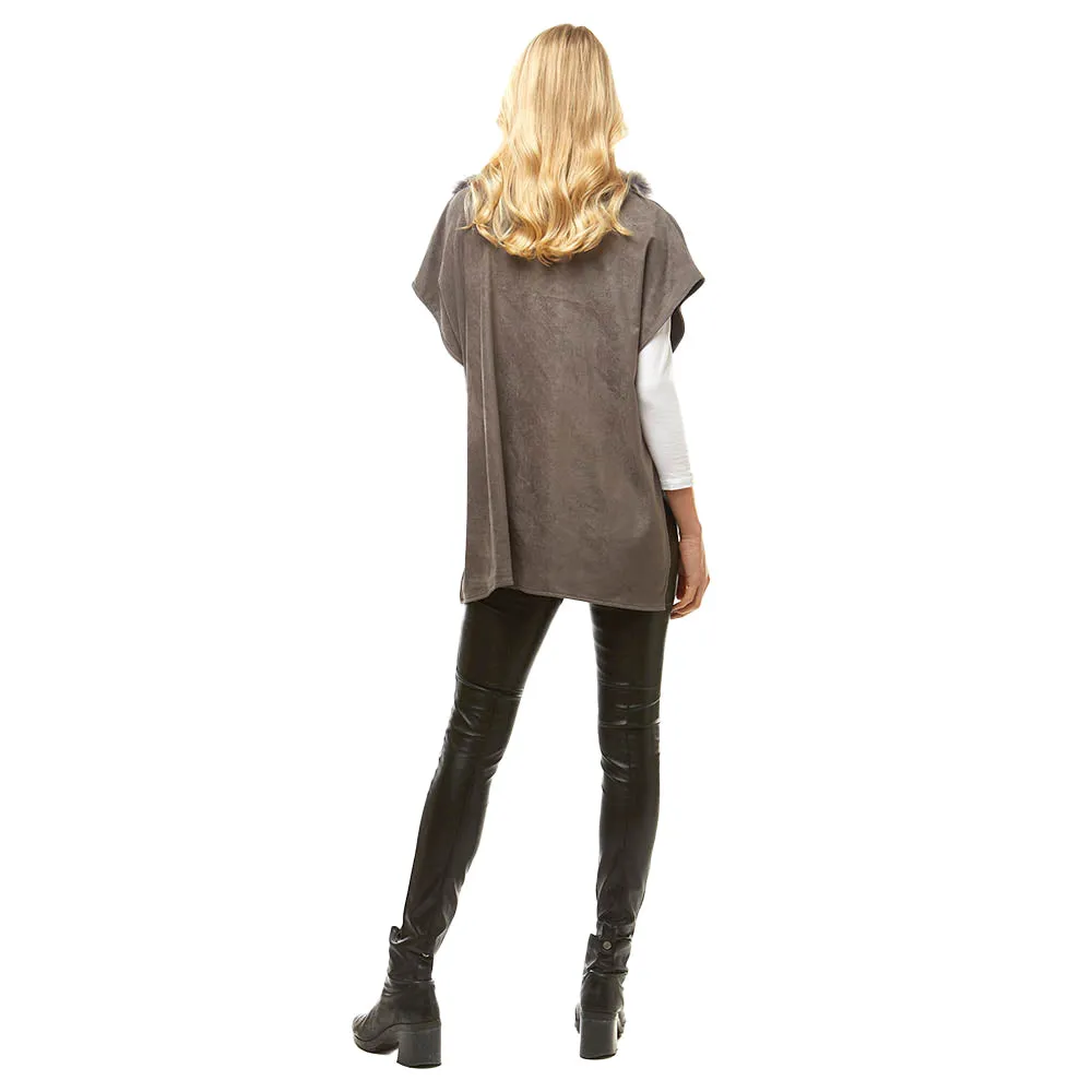 Suede Feel Turtleneck Faux Fur Poncho