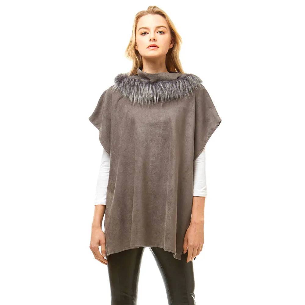 Suede Feel Turtleneck Faux Fur Poncho