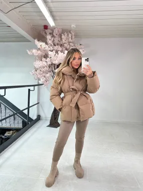 Stylish Tan Puffer Coat with Tying Feature