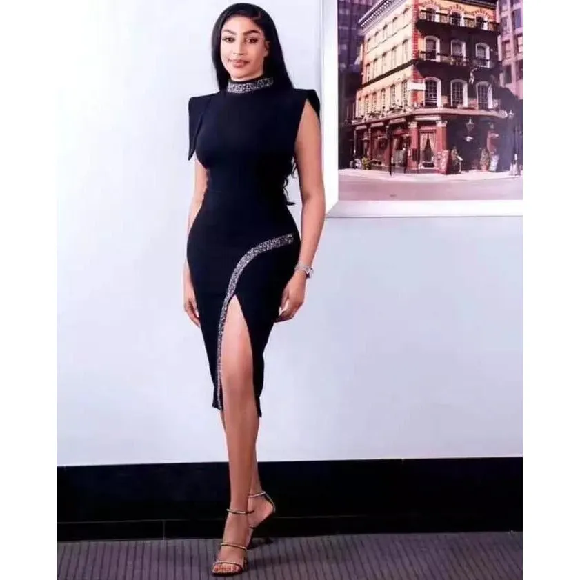 Turtleneck Split Midi Black Bodycon Dress