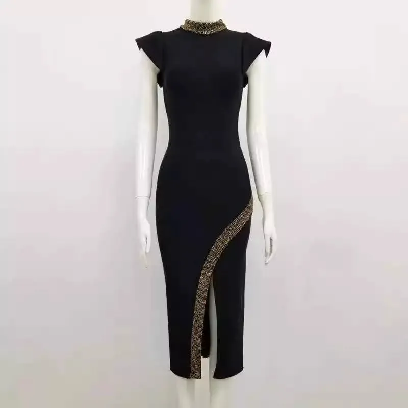 Turtleneck Split Midi Black Bodycon Dress