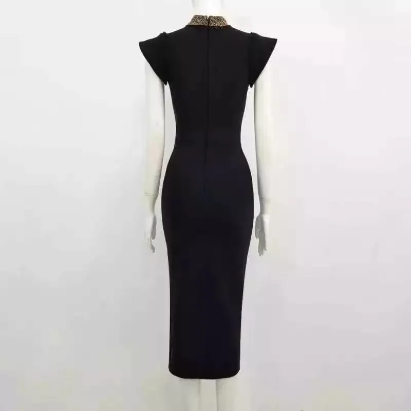 Turtleneck Split Midi Black Bodycon Dress