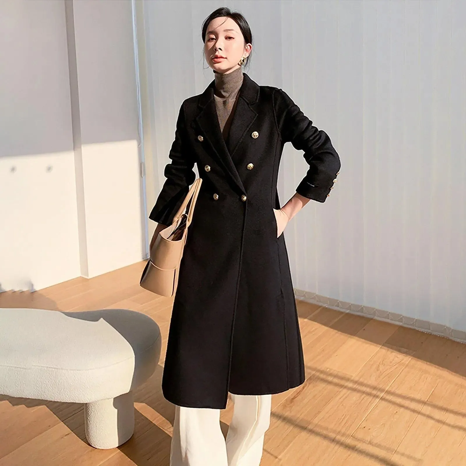 Women Black Long Wool Coat,Double Faced Wool Long Coat,Oversize Wool coat,Winter coat women,Wool Trench coat,Wool Reefer Coat,Wool Overcoat