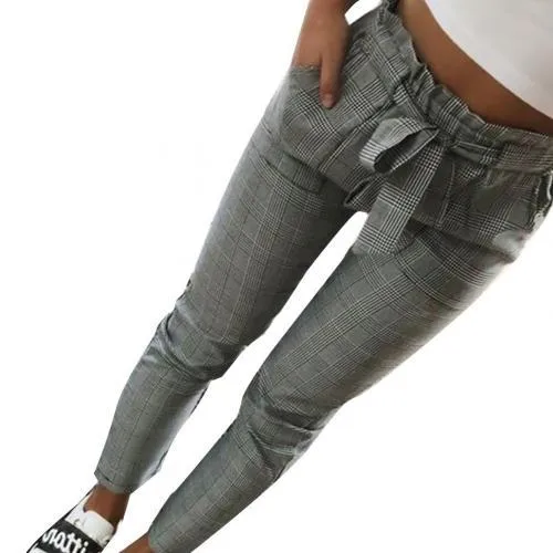 Women Pants Fashion Plaid Pleated High Waist Skinny Pencil Pants Trousers with Sash Female Casual Vintage Sweatpants Plus Size