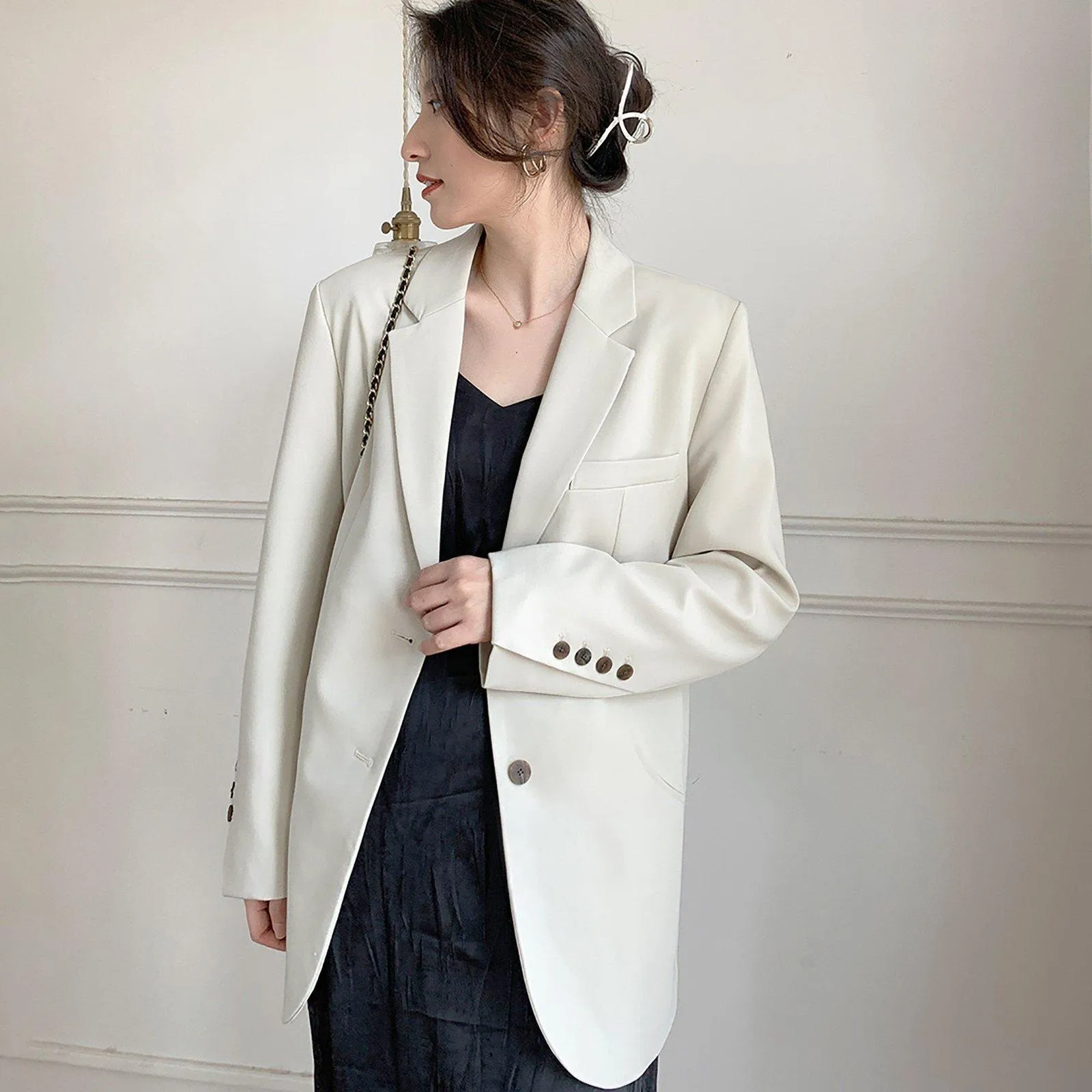 Women's Beige Oversize Blazer Shoulder pad Suit,Cotton blend Coat loose casual Suit Jacket,Office Lady Classic Style Blazer Coat,Fall Coat