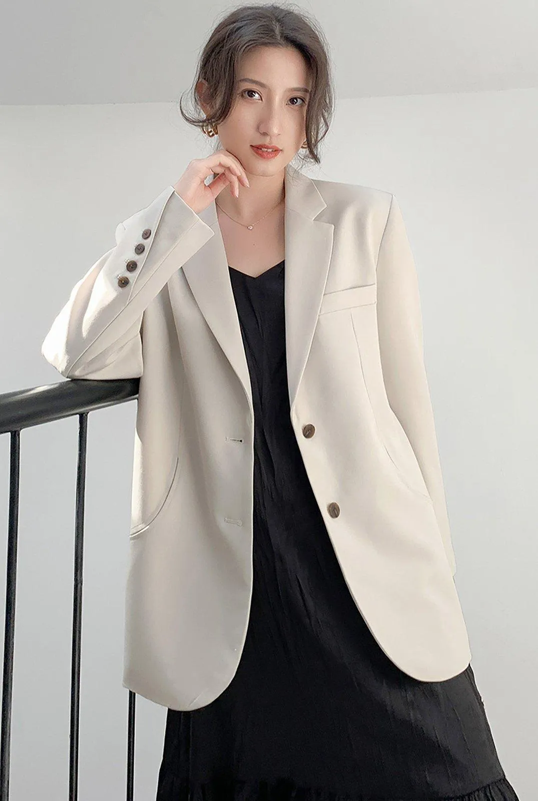 Women's Beige Oversize Blazer Shoulder pad Suit,Cotton blend Coat loose casual Suit Jacket,Office Lady Classic Style Blazer Coat,Fall Coat