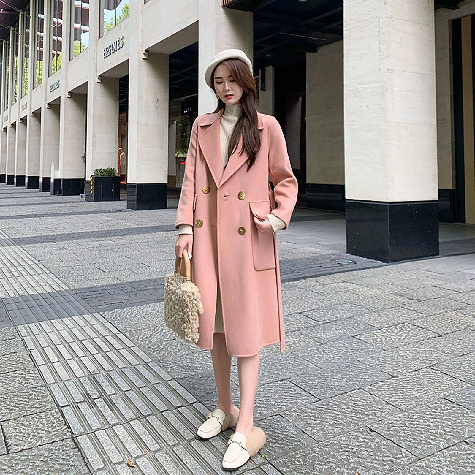 Women's Double-faced cashmere coat pink double-breasted loose Overcoat woolen coat,Winter Wool Blend Coat,Fall Woolen Long Coat outerwear