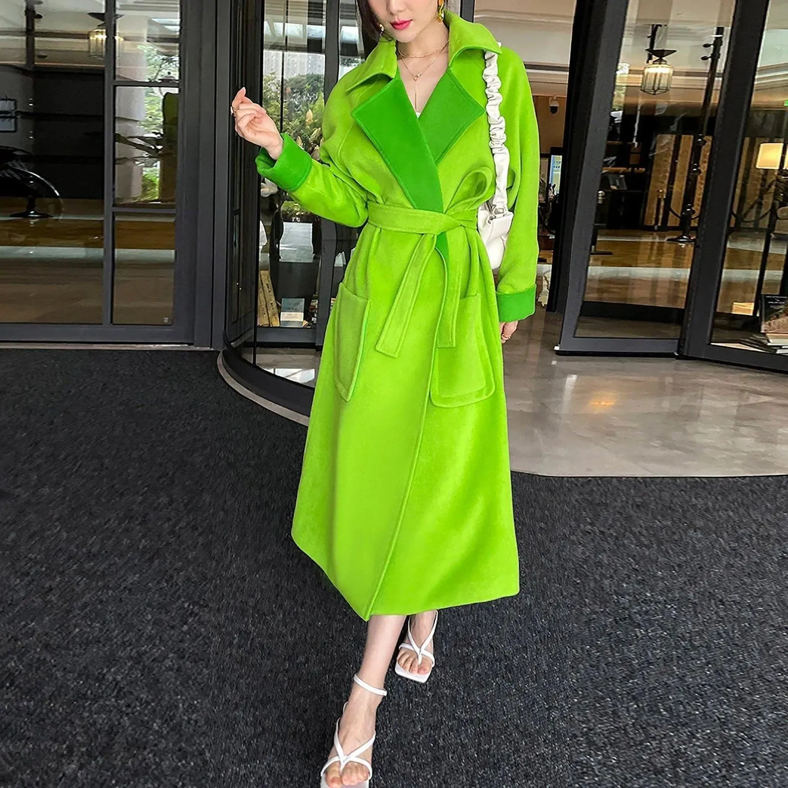 Women's Green Loose woolen coat with suit collar,Oversize Long wool coat,Thick wool overcoat,Fall Coat for women Winter Wool Trench coat