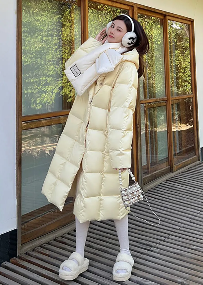 Yellow Hooded Long Down Puffy Coat