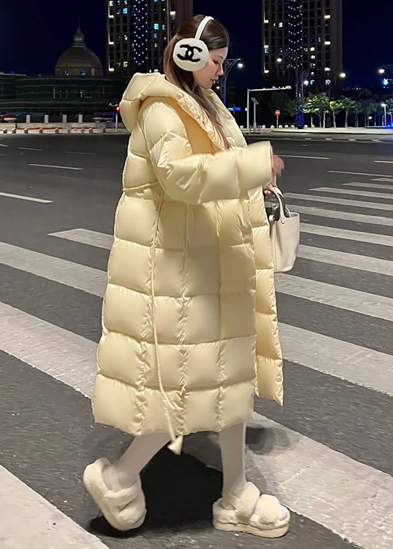 Yellow Hooded Long Down Puffy Coat