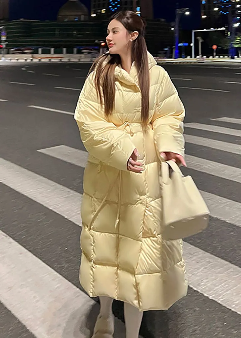 Yellow Hooded Long Down Puffy Coat